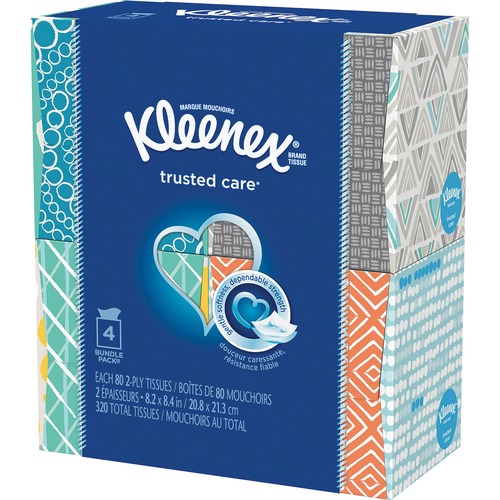 Kleenex Trusted Care 4-pack - 2 Ply - White - Soft, Strong, Absorbent - 80 Per Box - 48 / Carton