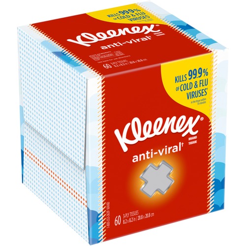 Kleenex Anti-Viral Facial Tissues - 3 Ply - 8.20" x 8.20" - White - Soft, Anti-viral - For Home, Office, School - 60 Per Box - 1 Box