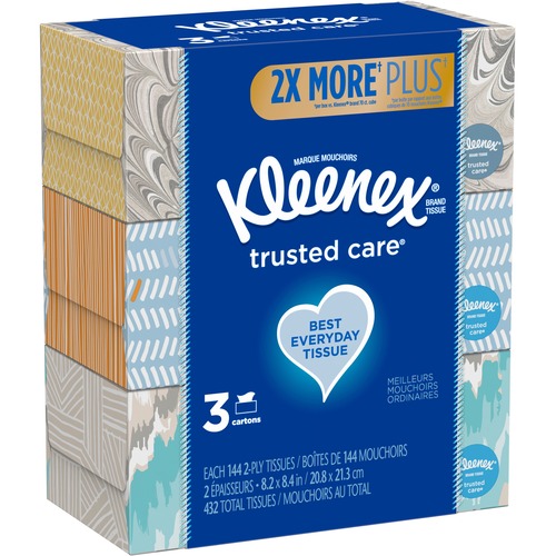 Kleenex Trusted Care Tissues - 2 Ply - 8.20" x 8.40" - White - Soft, Strong, Absorbent, Durable - For Home, Office, School - 144 Per Box - 144 / Pack