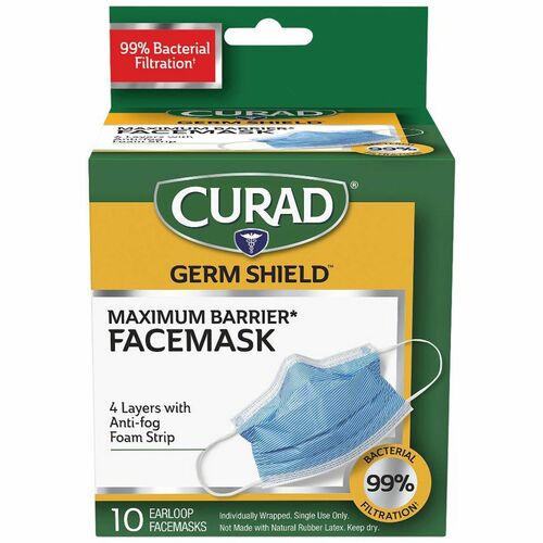 Curad Medical-grade FaceMasks - Recommended for: Healthcare - Fog, Fluid, Bacteria, Pollen, Dust Protection - White - Comfortable, Breathable, Adjustable Nose Guard, Fluid Resistant, Earloop Style Mask - 10 / Box