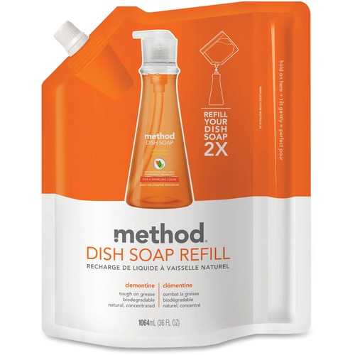 Method Dish Soap Refill - 36 fl oz (1.1 quart) - Clementine Scent - 6 / Carton - Pleasant Scent, Triclosan-free, No-mess - Orange