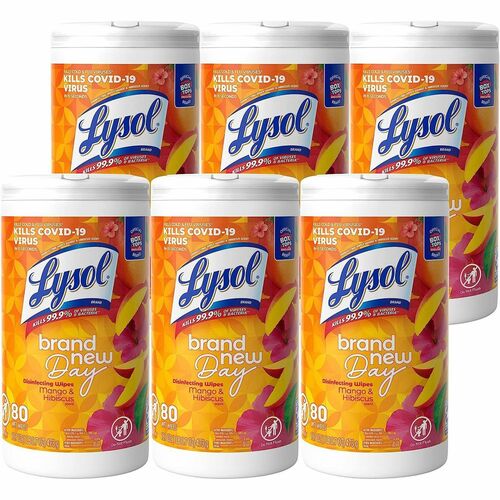 Lysol New Day Disinfect Wipes - Wipe - Brand New Day Scent - 80 / Canister - 6 / Carton - White