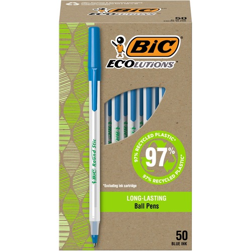 BIC Ecolutions Round Stic Ball Point Pen - 1 mm Pen Point Size - Blue - Semi Clear Barrel - 50 Pack