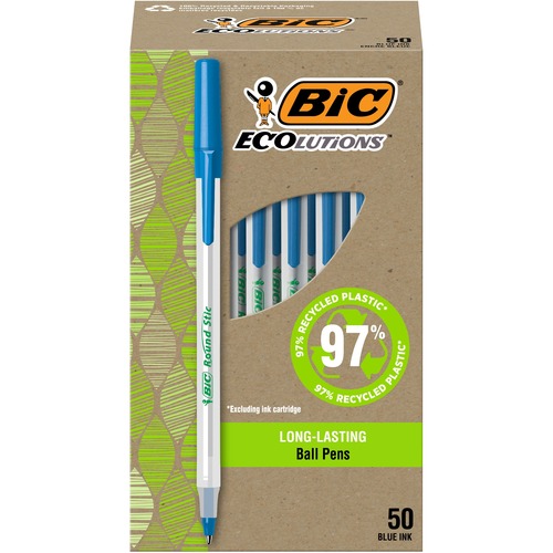 BIC Ecolutions Round Stic Ball Point Pen - 1 mm Pen Point - Blue Ink - Semi Clear Barrel - 50 / Box