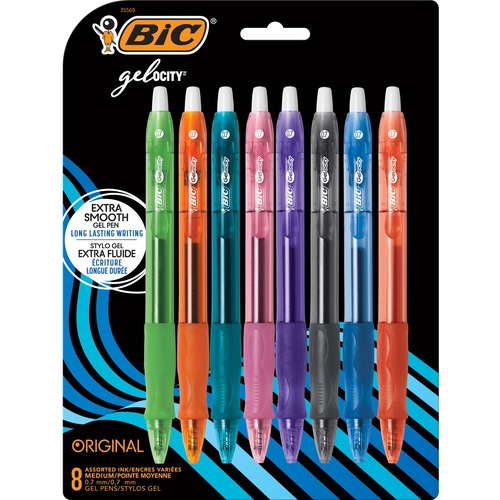 BIC Gel-ocity Original Assorted Fashion colours Gel Pens, Medium Point (0.7mm), 8-Count Pack, Retractable Gel Pens With Comfortable Grip - Medium Pen Point - 0.7 mm Pen Point Size - Retractable - Assorted Gel-based Ink - 8 Pack
