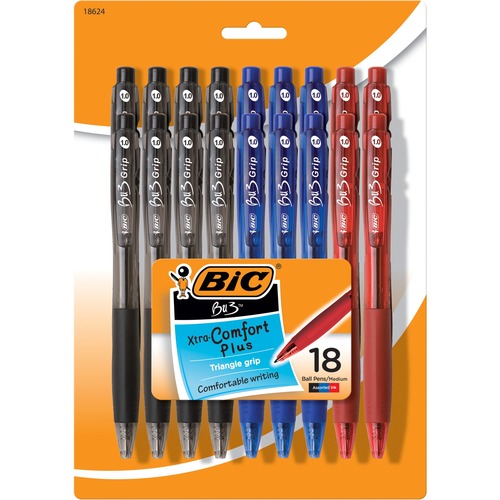 BIC BU3 Grip Retractable Ball Point Pen, Assorted, 18 Pack - 1 mm Medium Pen Point - Retractable - Assorted Ink - 18 Pack