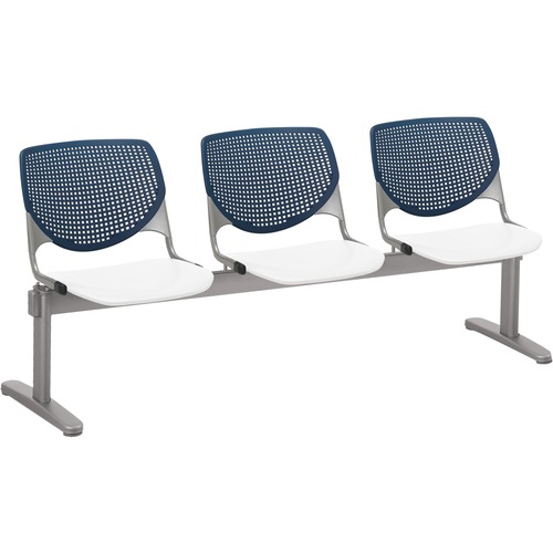 KFI Kool 3 Seat Beam Chair - White Polypropylene Seat - Navy Polypropylene, Aluminum Alloy Back - Powder Coated Silver Tubular Steel Frame - 1 Each