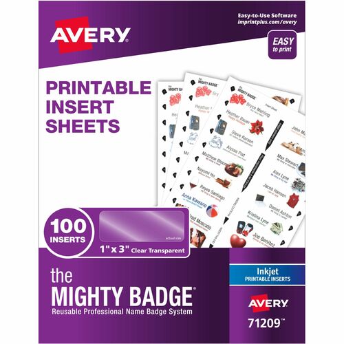 The Mighty Badge® The Mighty Badge Printable Insert Sheets, 100 Clear Inserts, Inkjet - 1" x 3" - 100 / Pack - Printable, Non-adhesive, Reusable - Clear