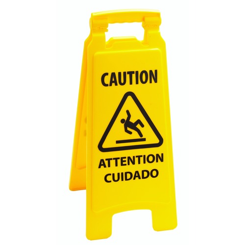 Rubbermaid Commercial 2-sided Multilingual Caution Sign - 1 Each - Caution Print/Message - Multilingual, Lightweight - Plastic - Yellow