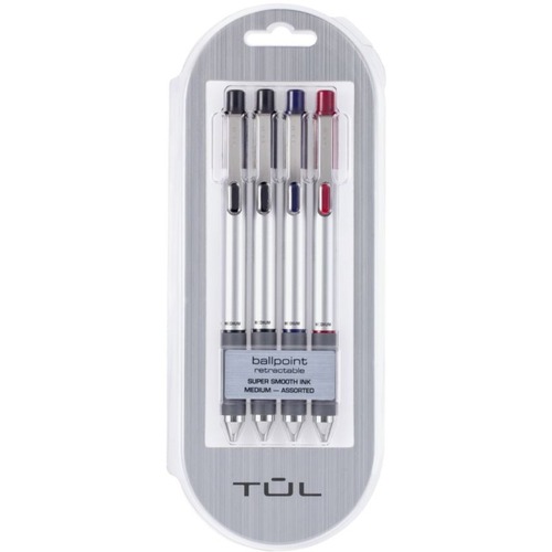 TUL BP3 Retractable Ballpoint Pens, Medium Point, 1.0 mm, Silver Barrel, Assorted Ink Colors, Pack Of 4 Pens - Medium Pen Point - 1 mm Pen Point Size - Refillable - Retractable - Black, Blue, Red - Plastic Barrel - 1 Each