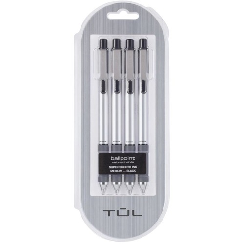 TUL BP3 Retractable Ballpoint Pens, Medium Point, 1.0 mm, Silver Barrel, Black Ink, Pack Of 4 Pens - Medium Pen Point - 1 mm Pen Point Size - Refillable - Retractable - Black - Plastic Barrel - 1 Each