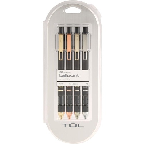 TUL Retractable Ballpoint Pens, Mixed Metals, Medium Point, 1.0 mm, Black Barrel, Black Ink, Pack Of 4 Pens - Medium Pen Point - 1 mm Pen Point Size - Refillable - Retractable - Black - Plastic, Platinum Barrel - 4 / Pack