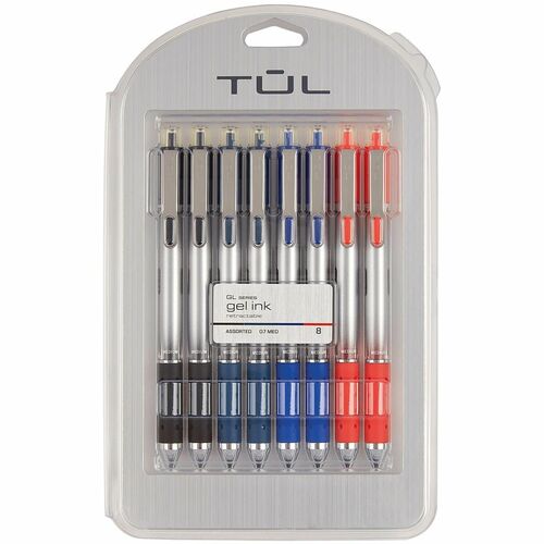 TUL® GL Series Retractable Gel Pens, Medium Point, 0.7 mm, Sliver Barrel, Assorted Standard Inks, Pack Of 8 Pens - 0.7 mm Medium Chisel Pen Point - Retractable - Black, Black/Blue, Blue, Red Ink - Gel-based - Silver Plastic Barrel - 8 / Pack