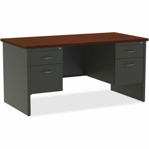 WorkPro® Modular 60"W x 30"D Double-Pedestal Computer Desk, Charcoal/Mahogany - Rectangle Top - Contemporary Style - 4 Drawers - 29.50" Height x 60" Width x 30" Depth - Commercial, Office, Business - Assembly Required - Charcoal, Mahogany, Paper Lamin