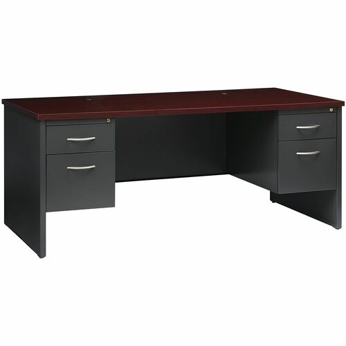 WorkPro® Modular 72"W x 36"D Double-Pedestal Computer Desk, Charcoal/Mahogany - Rectangle Top - Contemporary Style - 4 Drawers - 29.50" Height x 72" Width x 36" Depth - Commercial, Office, Business - Assembly Required - Charcoal, Mahogany, Paper Lamin