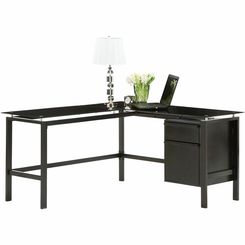 Realspace® Lake Point 56"W L-Shaped Corner Desk With 56"W Return, Black - L-shaped Top - Contemporary Style - 2 Drawers - 29" Height x 56" Width x 56" Depth - Black - Glass, Metal - 1