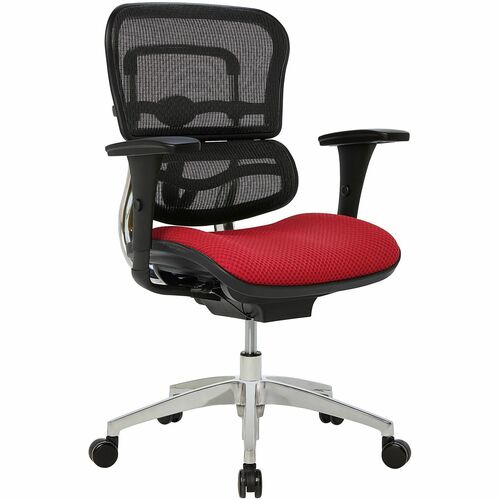 WorkPro® 12000 Series Ergonomic Mesh/Premium Fabric Mid-Back Chair, Black/Cherry, BIFMA Compliant - Cherry Seat Color - Fabric Seat Material - Mesh Back Material - Black, Chrome Frame Color - Aluminum Frame Material - Mid Back - Armrest Each