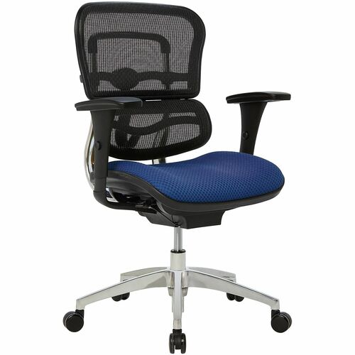 WorkPro® 12000 Series Ergonomic Mesh/Premium Fabric Mid-Back Chair, Black/Royal, BIFMA Compliant - Royal Seat Color - Fabric Seat Material - Mesh Back Material - Black Frame Color - Aluminum Frame Material - Mid Back - Armrest Each