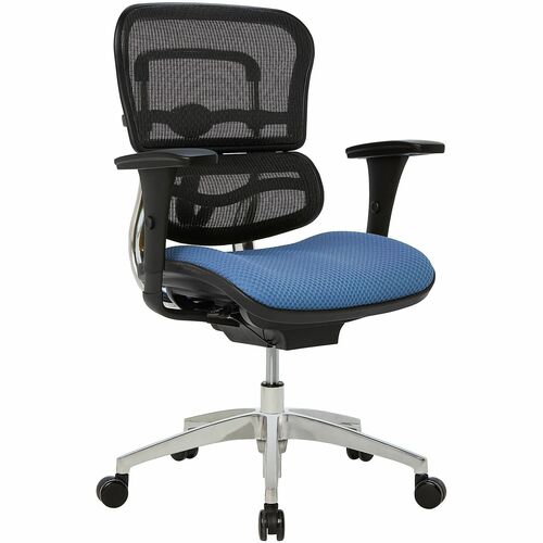 WorkPro® 12000 Series Ergonomic Mesh/Premium Fabric Mid-Back Chair, Black/Sky, BIFMA Compliant - Sky Blue Seat Color - Fabric Seat Material - Mesh Back Material - Black Frame Color - Aluminum Frame Material - Mid Back - Armrest Each