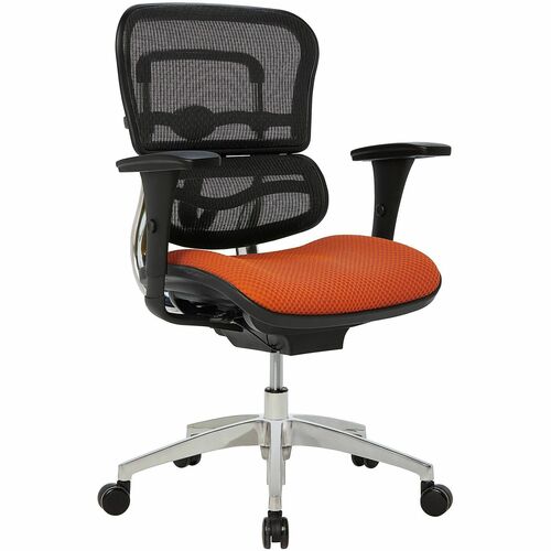 WorkPro® 12000 Series Ergonomic Mesh/Premium Fabric Mid-Back Chair, Black/Tangerine, BIFMA Compliant - Tangerine Seat Color - Fabric Seat Material - Mesh Back Material - Black, Chrome Frame Color - Aluminum Frame Material - Mid Back - Armrest Each