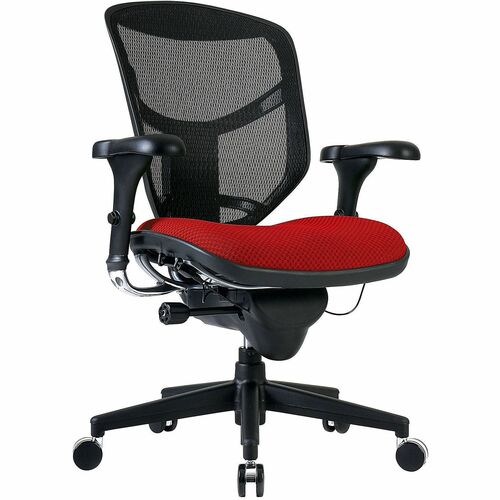 WorkPro® Quantum 9000 Series Ergonomic Mesh/Premium Fabric Mid-Back Chair, Black/Cherry, BIFMA Compliant - Cherry Seat Color - Mesh Seat Material - Mesh Back Material - Black Frame Color - Plastic Frame Material - Mid Back - Armrest - 1 Each