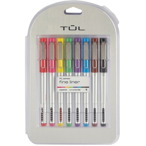 TUL Fine Liner Felt-Tip Pens, Ultra-Fine Point, 0.4 mm, Silver Barrel, Assorted Ink Colors, Pack Of 8 Pens - Ultra Fine Pen Point - 0.4 mm Pen Point Size - Assorted Water Based Ink - Silver Barrel - 8