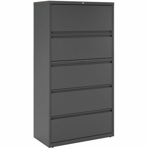 WorkPro® 36"W x 18-5/8"D Lateral 5-Drawer File Cabinet, Charcoal - 36" x 18.6" x 67.6" for File - Letter, Legal, A4 - Lateral - Ball-bearing Suspension, Leveler, Reinforced, Double Base, Interlocking, Heavy Duty, Sturdy - Charcoal, Cherry - Baked Enam