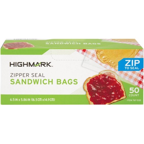 Highmark Freezer And Sandwich Bags With Zipper Seal, 6 1/2in x 5 9/10in, Box Of 50 - 5.90" Width x 6.50" Length - Zipper Closure - Clear - Plastic - 50Each - Storage, Food