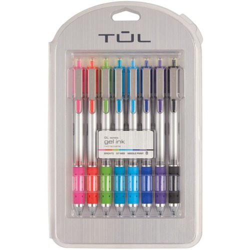 TUL Retractable Gel Pens, Needle Point, 0.7 mm, Silver Barrel, Assorted Bright Inks, Pack Of 8 Pens - Fine Pen Point - 0.7 mm Pen Point Size - Needle Pen Point Style - Refillable - Retractable - Pink, Red, Lime, Teal, Sky Blue, Blue, Purple, Black - Plast
