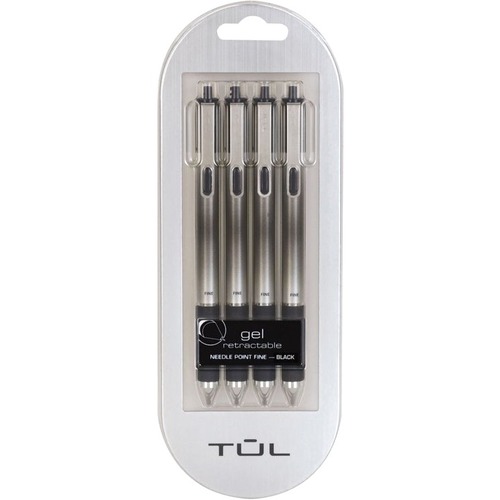 TUL Retractable Gel Pens, Needle Point, 0.7 mm, Silver Barrel, Black Ink, Pack Of 4 Pens - Fine Pen Point - 0.7 mm Pen Point Size - Needle Pen Point Style - Refillable - Retractable - Black - Plastic Barrel - 4 / Pack