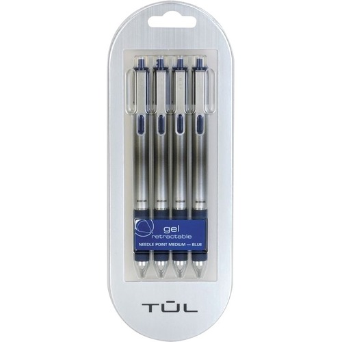 TUL Retractable Gel Pens, Needle Point, 0.7 mm, Silver Barrel, Blue Ink, Pack Of 4 Pens - Fine Pen Point - 0.7 mm Pen Point Size - Needle Pen Point Style - Refillable - Retractable - Blue - Plastic Barrel - 4 / Pack