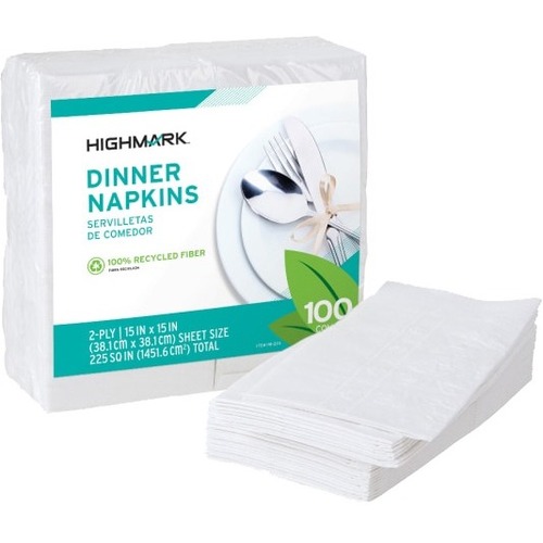Highmark® 2-Ply Dinner Napkins, 15" x 15", 100% Recycled, White, Pack Of 100 - 2 Ply - White - 100 / Pack