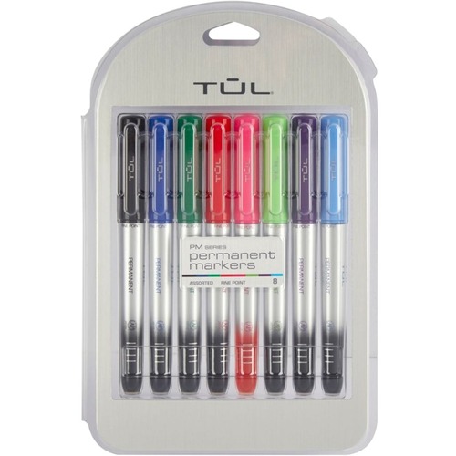 TUL Permanent Markers, Fine Point, Silver Barrel, Assorted Ink Colors, Pack Of 8 Markers - Fine Marker Point - Assorted - Silver Barrel - 8