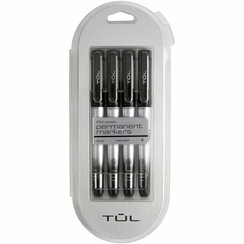 TUL® Permanent Markers, Fine Point, Silver Barrel, Black Ink, Pack Of 4 Markers - Fine Marker Point - Black Ink - Silver Barrel - 4