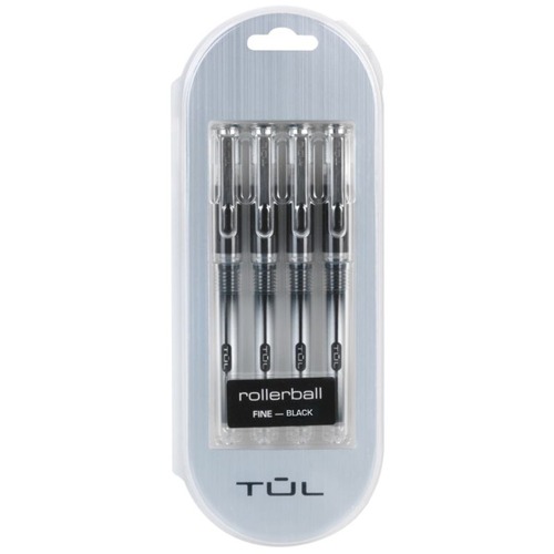 TUL RB1 Rollerball Pens, Fine Point, 0.5mm, Silver Barrel, Black Ink, Pack Of 4 Pens - Fine Pen Point - 0.5 mm Pen Point Size - Black Liquid Ink - Silver Plastic Barrel - 4
