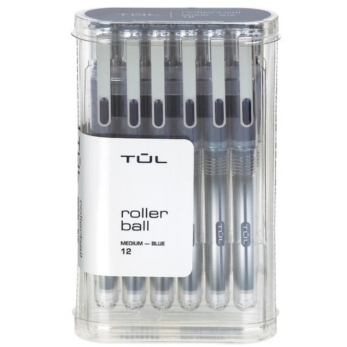 TUL RB1 Rollerball Pens, Medium Point, 0.7 mm, Silver Barrel, Blue Ink, Pack Of 12 Pens - Medium Pen Point - 0.7 mm Pen Point Size - Blue Liquid Ink - Silver Plastic Barrel - 12