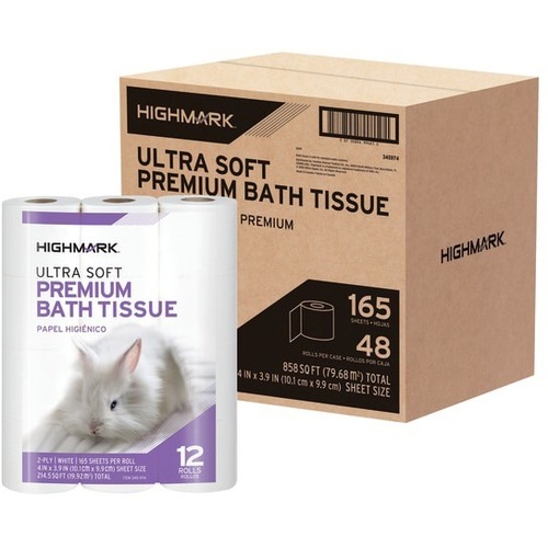Highmark® Ultra Soft Premium 2-Ply Toilet Paper, Case of 48 rolls, 4 packs of 12 rolls, 165 Sheets Per Roll - White - 165 - 4 / Case