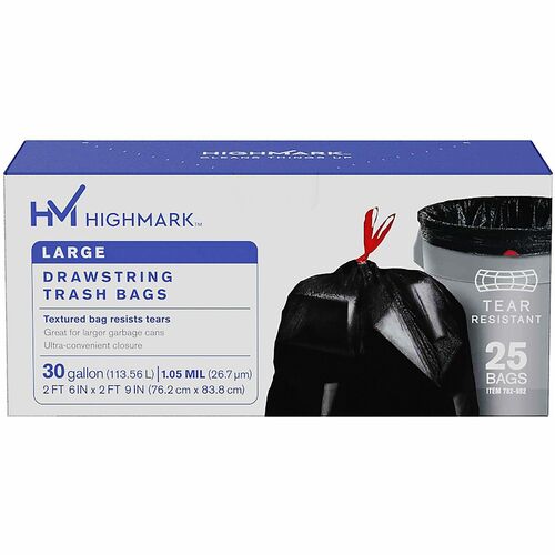 Highmark™ Large Drawstring Trash Bags, 30 Gallon, Black, Box Of 25 - 30 gal Capacity - 30" Width x 1.05 mil (27 Micron) Thickness - Low Density - Drawstring Closure - Black - Plastic - Industrial - 25 / Pack