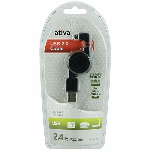 Ativa® Micro USB 2.0 Cable, Black - Data Transfer Cable for Camera, Notebook, Smartphone, Tablet, Printer, External Hard Drive, MP3 Player - First End: USB 2.0 - Male - Second End: Micro-B USB 2.0 - Male - 480 Mbit/s - Black - 1