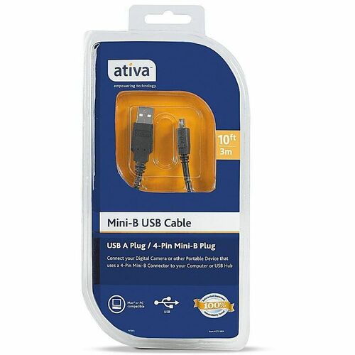 Ativa™ USB A To 4-Pin Mini-B Device Cable, 10', Gray - Data Transfer Cable for Camera, Notebook, Smartphone, Tablet - First End: USB Type A - Second End: 4-pin Mini USB Type B - 480 Mbit/s - Gray - 1