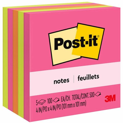 Post-it® Notes - Poptimistic Color Collection - 4" x 4" - Square - 100 Sheets per Pad - Fuchsia, Neon Green, Neon Orange - Repositionable, Self-adhesive - 5 / Pack