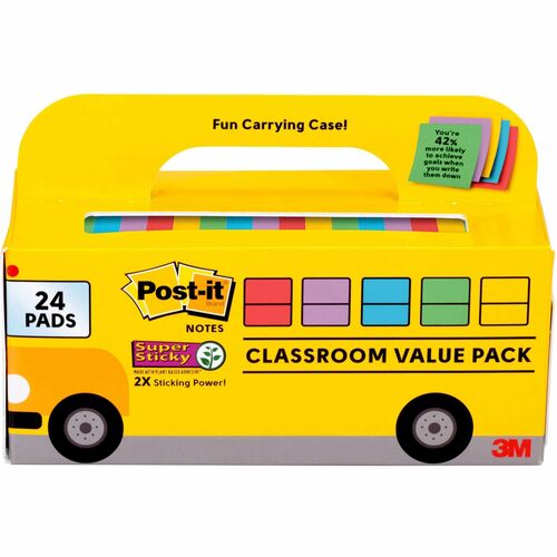 Post-it® Super Sticky Notes Bus Cabinet Pack - 3" x 3" - Square - 70 Sheets per Pad - Iris, Electric Blue, Evergreen, Yellow, Candy Red - Sticky, Recyclable, Adhesive, Reusable - 24 / Pack