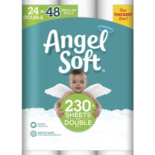 Angel Soft® Double-Roll Toilet Paper - 2 Ply - White - Durable, Soft, Septic Safe - For Bathroom - 24 / Pack