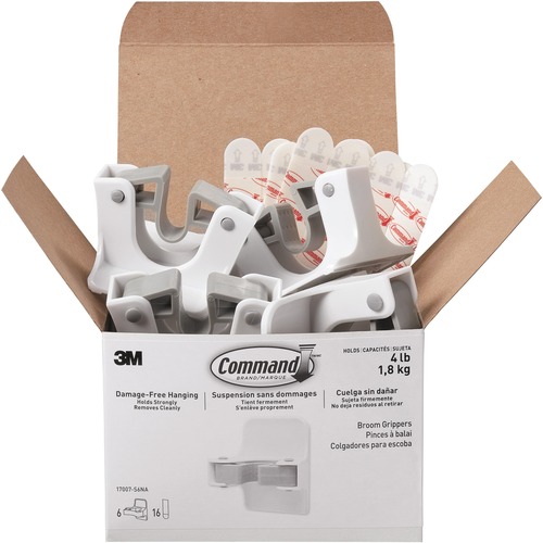 Command Broom Grippers - 1.81 kg Capacity - 2.60" (66.04 mm) Length - for Broom - Plastic - White, Gray - 6 / Box