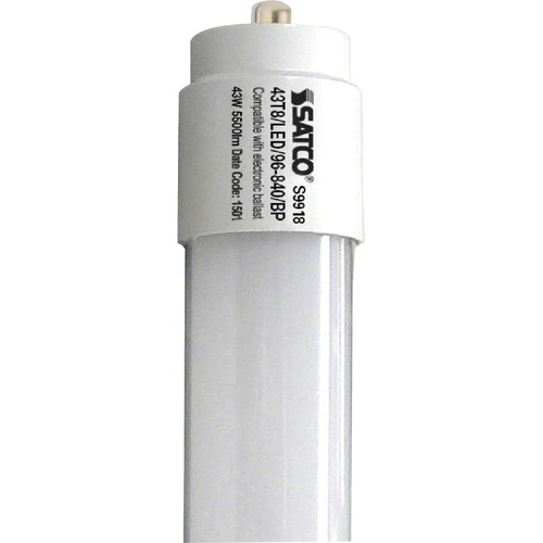 Satco 43T8 LED 96-840 BP 120-277V Tube Bulb - 43 W - 120 V AC, 230 V AC - 5500 lm - T8 Size - White - Cool White Light Color - 50000 Hour - 6740.3°F (3726.8°C) Color Temperature - 82 CRI - 210° Beam Angle - Shatter Proof - 10 / Carton