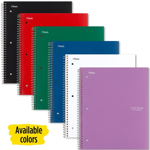 Mead Five Star Subject Spiral Notebook - 1 Subject(s) - 100 Sheets - Wire Bound - 3 Hole(s) - 11" x 8 1/2" - 3" x 10" x 11" - AssortedPlastic, Paperboard Cover - Dual-pocket Divider, Water Resistant, Durable, Bleed Resistant, Perforated, Spiral Lock - 6 /