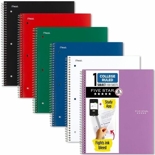 Mead Five Star Subject Spiral Notebook - 1 Subject(s) - 100 Sheets - Wire Bound - 3 Hole(s) - 11" x 8 1/2" - 3" x 10" x 11" - AssortedPlastic, Paperboard Cover - Dual-pocket Divider, Water Resistant, Durable, Bleed Resistant, Perforated, Spiral Lock - 6 /