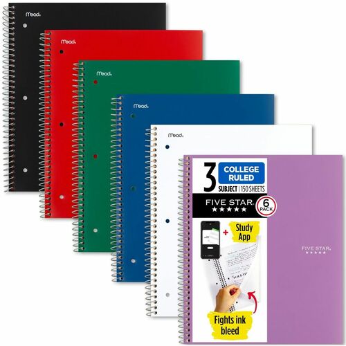 Mead Five Star Subject Spiral Notebook - 3 Subject(s) - 150 Sheets - 300 Pages - Wire Bound - 3 Hole(s) - 11" x 8 1/2" Sheet Size - Assorted Plastic, Paperboard Cover - Water Resistant, Bleed Resistant, Perforated, Spiral Lock, Storage Pocket, Dual-pocket