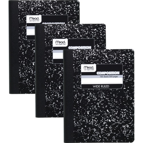 Mead Wide Ruled Comp Book - 100 Sheets - 100 Pages - Sewn - 9 3/4" x 7 1/2" Sheet Size - 9" Height x 7" Width x 0.5" Length - Black Marble Cover - Multiplication Table, Conversion Table, Reference Page - 3 / Pack