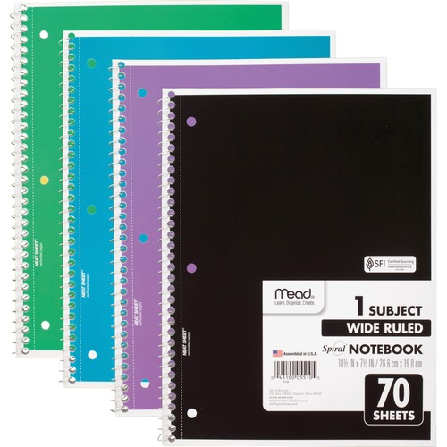 Mead 1 Subject Wide Ruled Spiral Notebook - 70 Sheets - 140 Pages - Spiral Bound - 3 Hole(s) - 10 1/2" x 8" - 10" x 8" x 0.5" - White Paper - Assorted Cover - Durable Cover, Bleed Resistant, Perforated, Spiral Lock, Lightweight - 4 / Pack